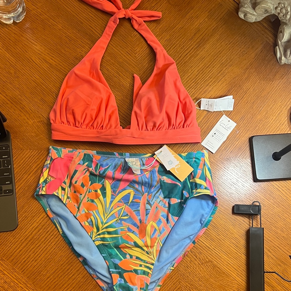 Coral Halter Bikini Top with Tropical Print Bottoms Medium